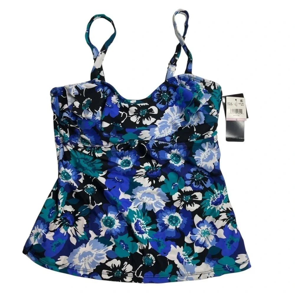 Island Escape Tahiti Ruffled Underwire Tankini Top Blue Floral Size 6 New